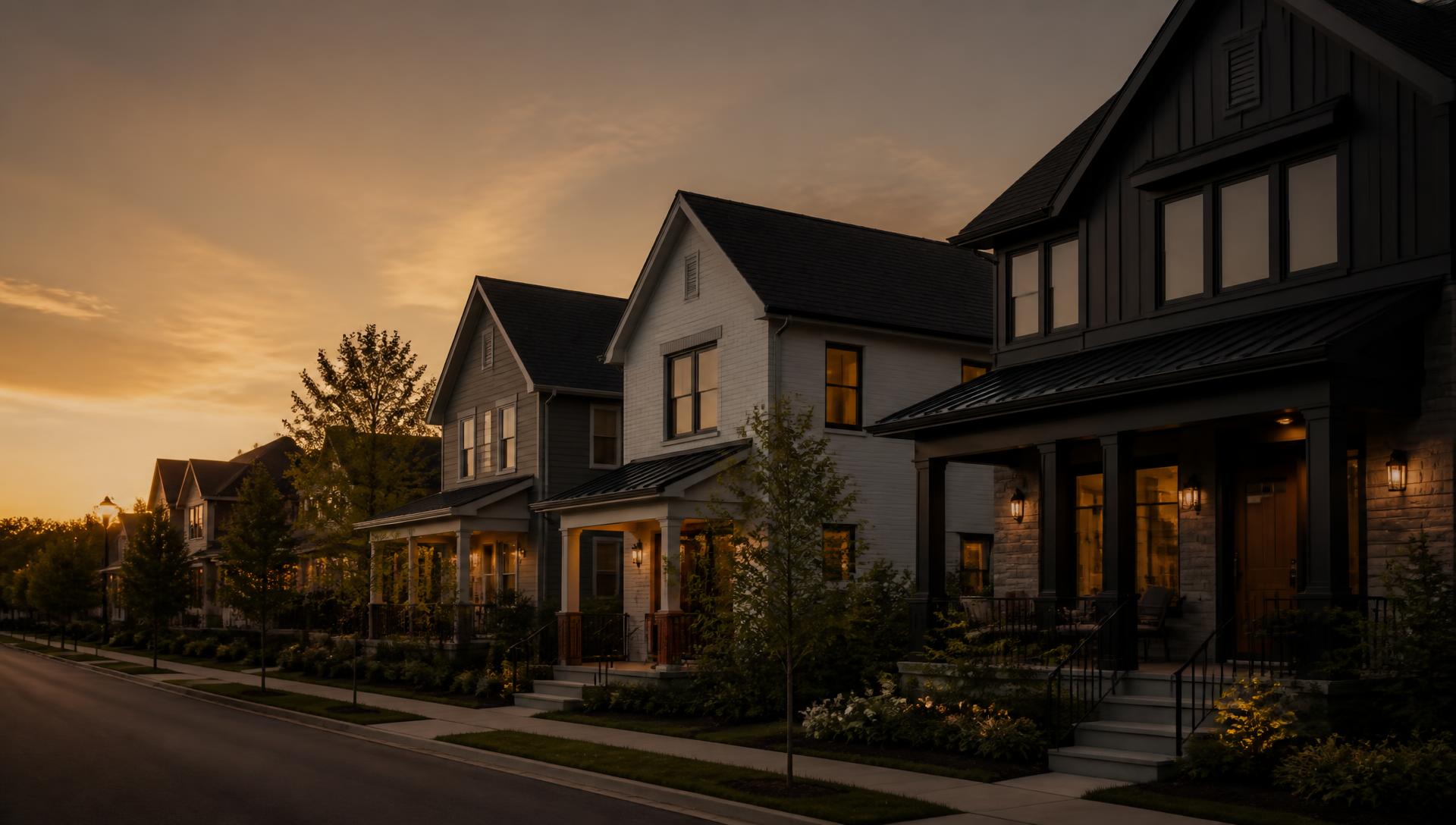 Row of welcoming homes on a quiet street at golden hour