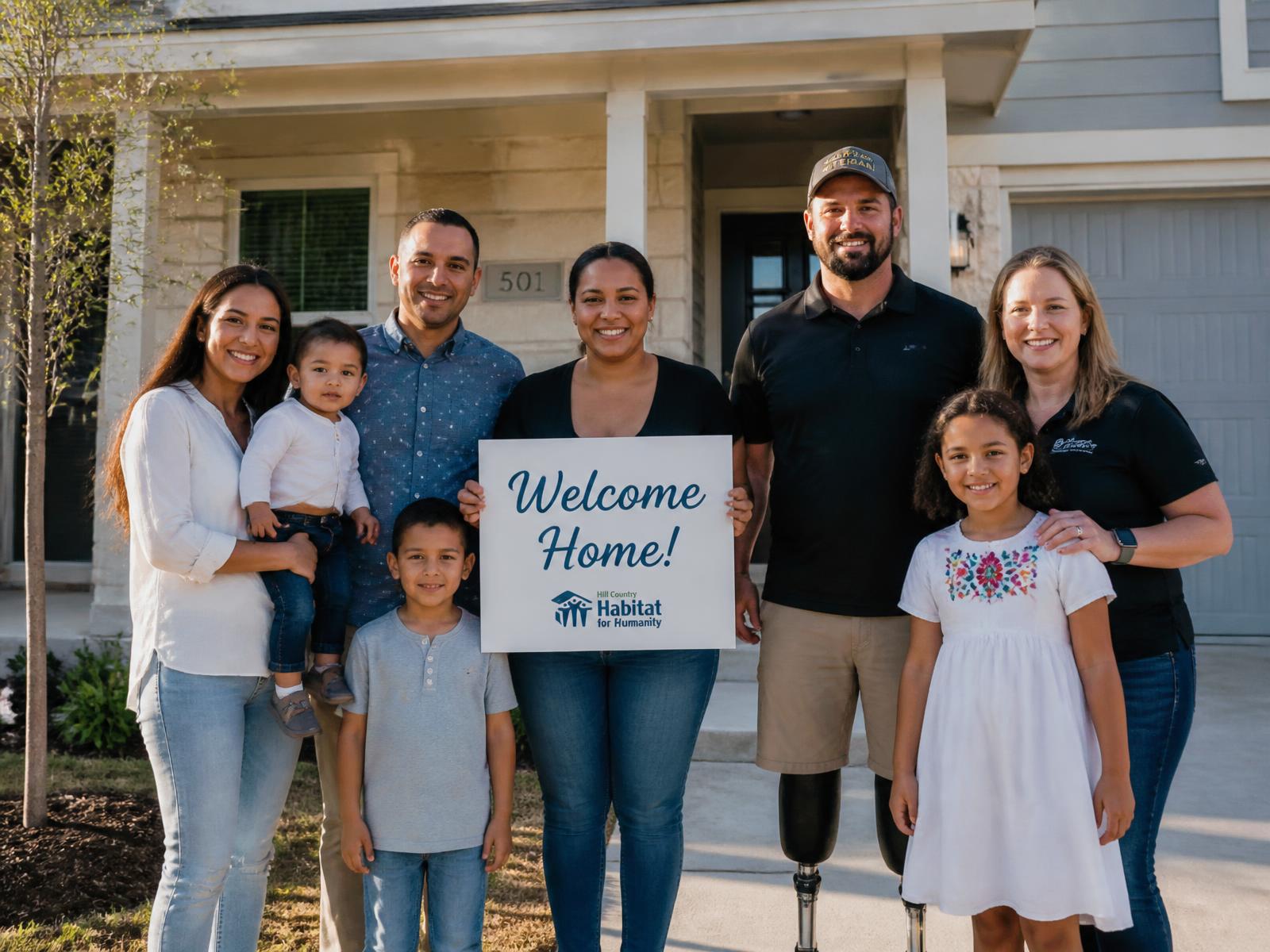 Families, a veteran, and nonprofit staff smiling together in front of a Central Texas home