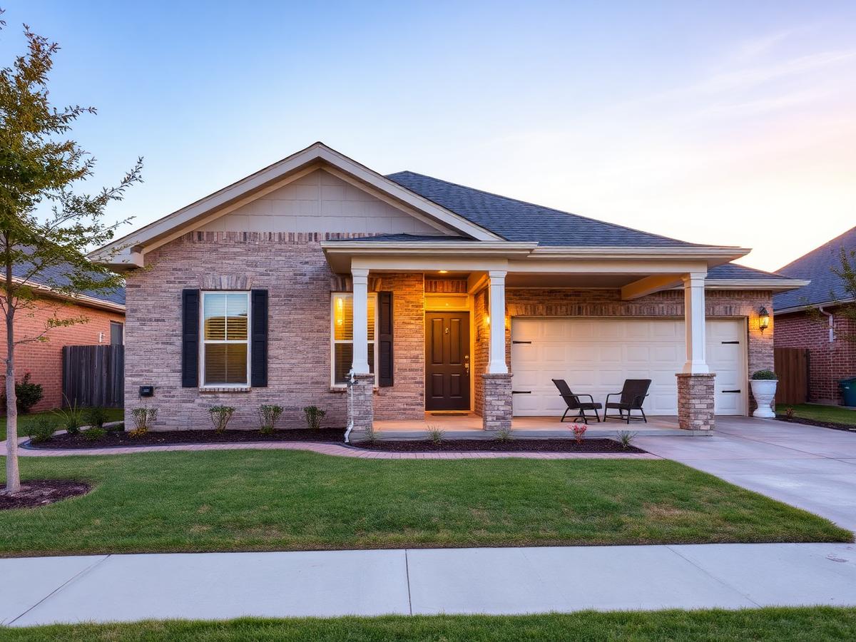 Newly built single-family home with a front porch in Manor, Texas at dusk