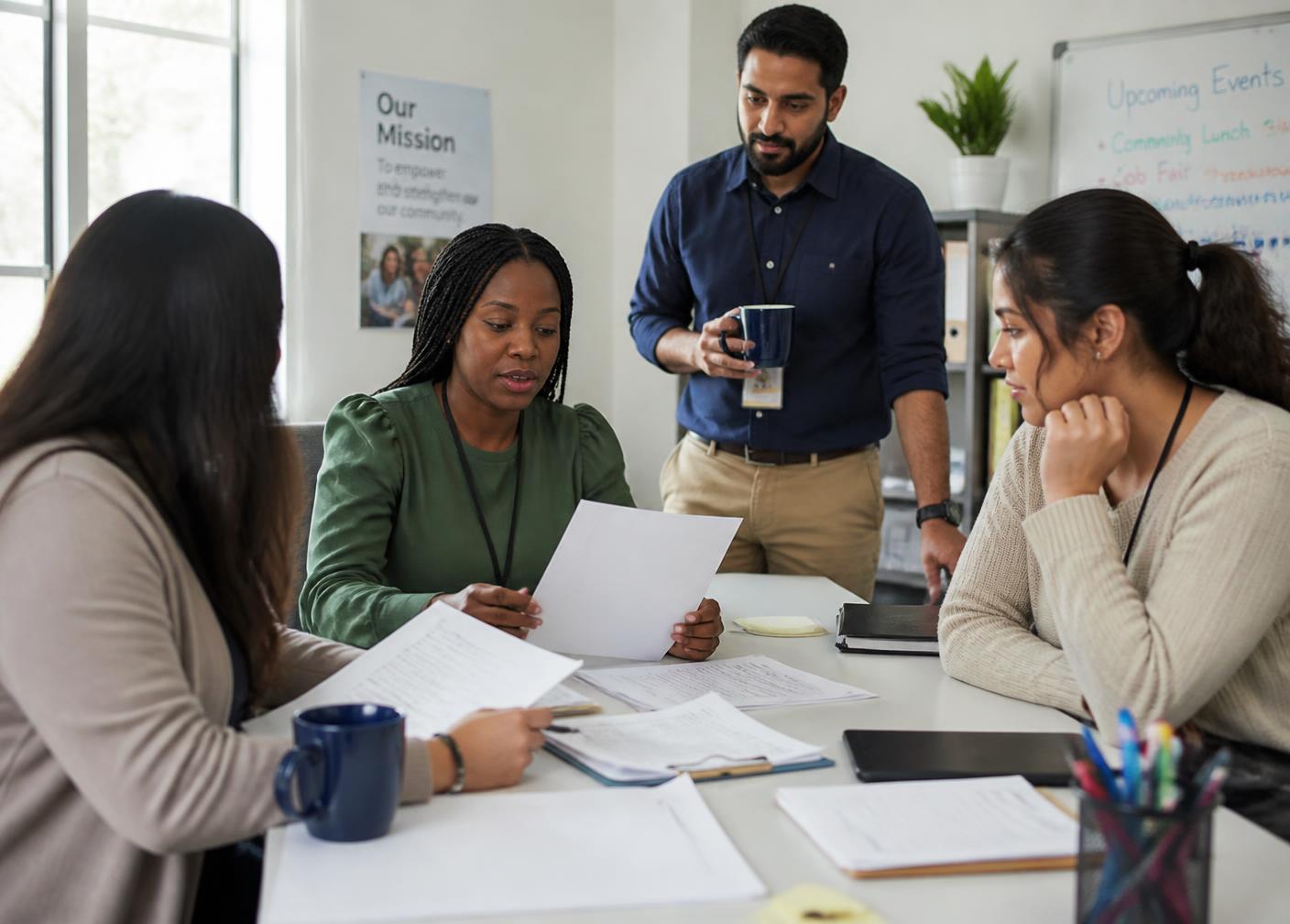 Nonprofit case managers reviewing housing plans together in a bright office